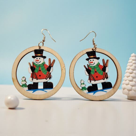 Round Wood Snowman Earrings Christmas Holiday Lightweight 2.3x3.2" - Picture 2 of 8